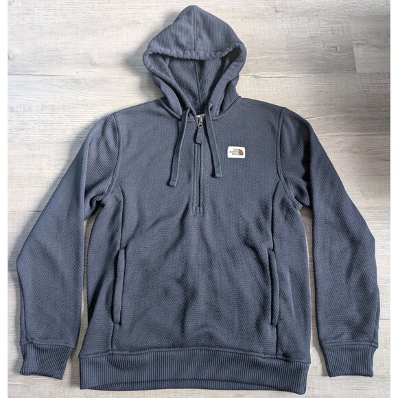 The North Face Curran Trail 1/4 Zip Hoodie Men's M Drawstring Waffle Knit Blue - Picture 1 of 8